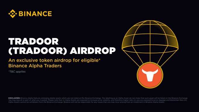 The image features the Binance logo at the top left corner. Below it, the text reads "TRADOOR (TRADOOR) AIRDROP" with a subheading stating "An exclusive token airdrop for eligible* Binance Alpha Traders". There is a graphic of a parachute with a bull's head inside a circle at the bottom right. The background is black, and the text is in white and yellow.