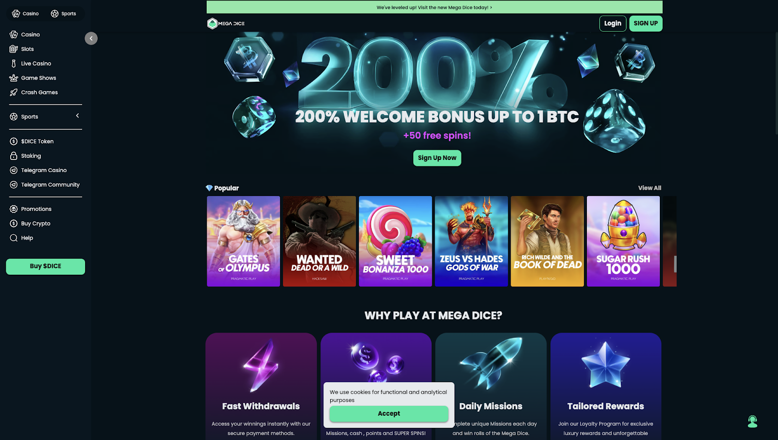 3. Mega Dice: 200% Bonus & Crypto Casino No Deposit Perks