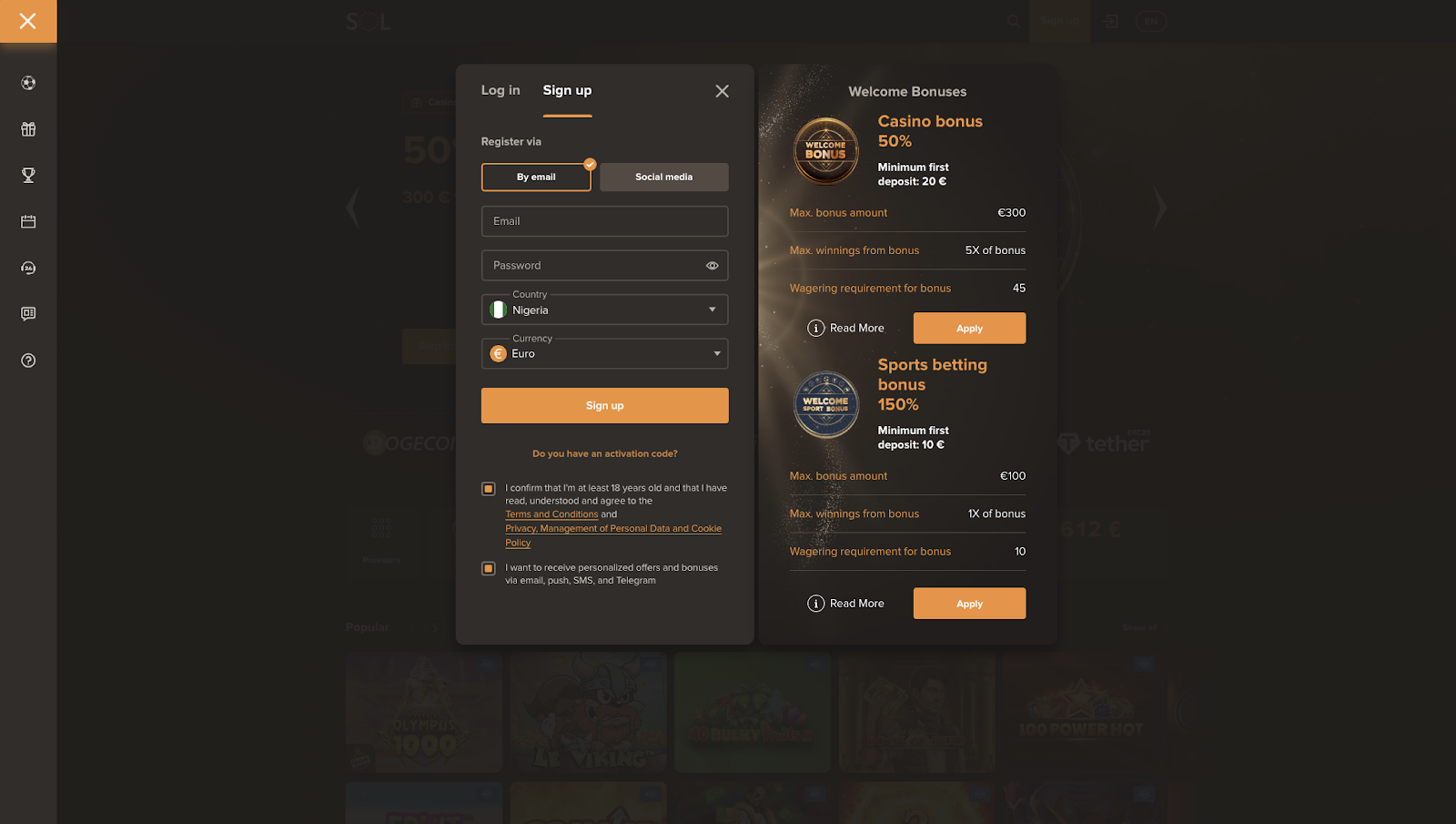 Interface de Solcasino