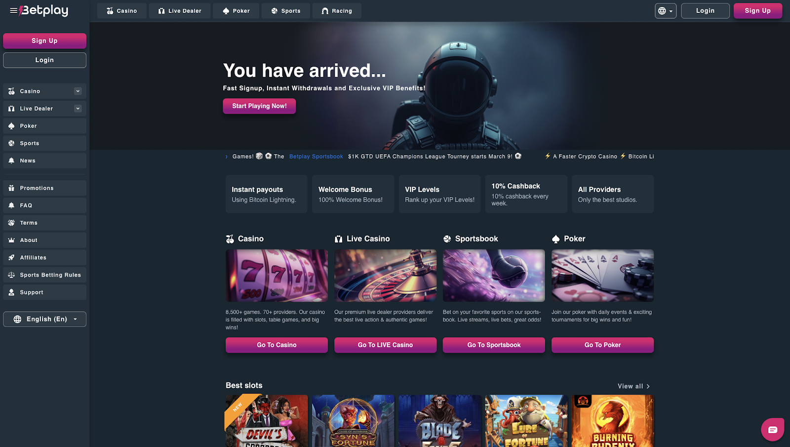 5. Bet Play: 100% Welcome & Crypto Casino No Deposit Offers