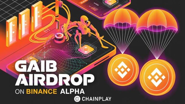 Illustration of GAIB AI infrastructure with GPUs and robotics alongside Binance branding to represent the Binance Alpha airdrop and GAIB futures launch