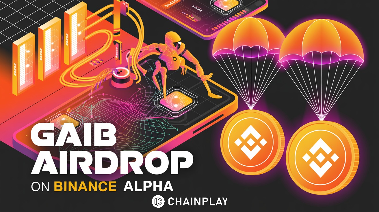 Illustration of GAIB AI infrastructure with GPUs and robotics alongside Binance branding to represent the Binance Alpha airdrop and GAIB futures launch