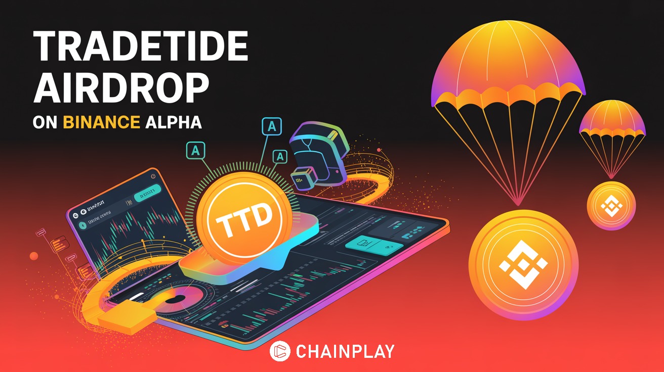 High-tech digital display featuring TTD tokens floating above a landscape of blue light data bars.