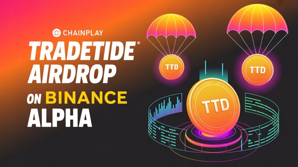 High-tech digital display featuring TTD tokens floating above a landscape of blue light data bars. A gold Binance Alpha logo and a "Exclusive Airdrop Event" notification are visible in the background.