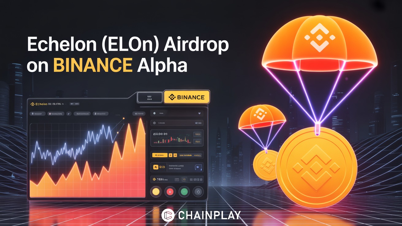Binance Alpha airdrop visual showing Echelon DeFi lending protocol and ELON token rewards