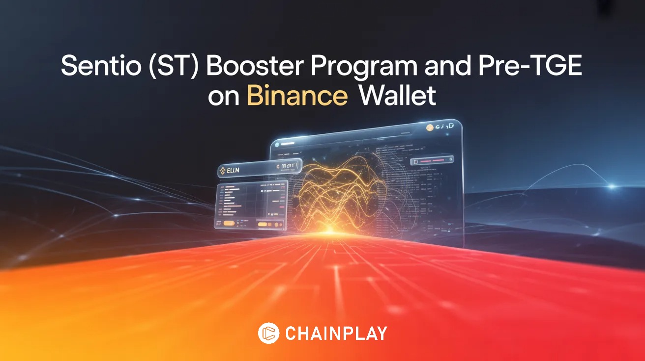 Futuristic blockchain analytics dashboard representing Sentio ST token Pre-TGE and booster rewards program on Binance.