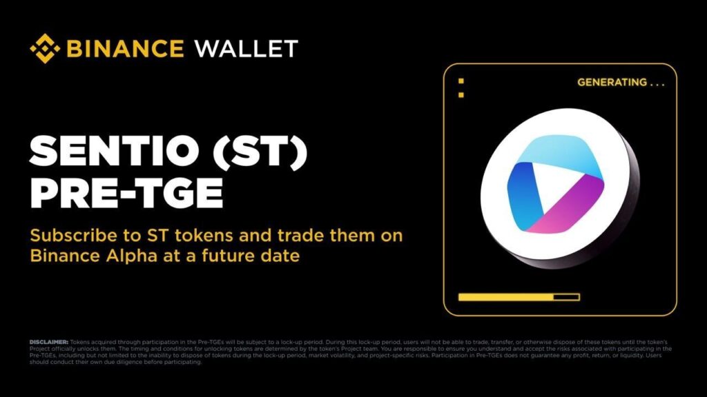 Official Binance announcement graphic for the Sentio (ST) Pre-TGE and Booster Program featuring blockchain analytics visuals and token rewards elements.