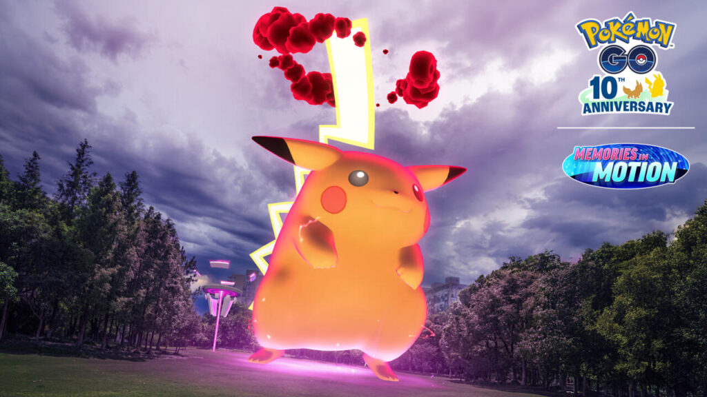 A giant Gigantamax Pikachu with a glowing red aura and a massive lightning bolt tail standing in a grassy park under a cloudy sky.