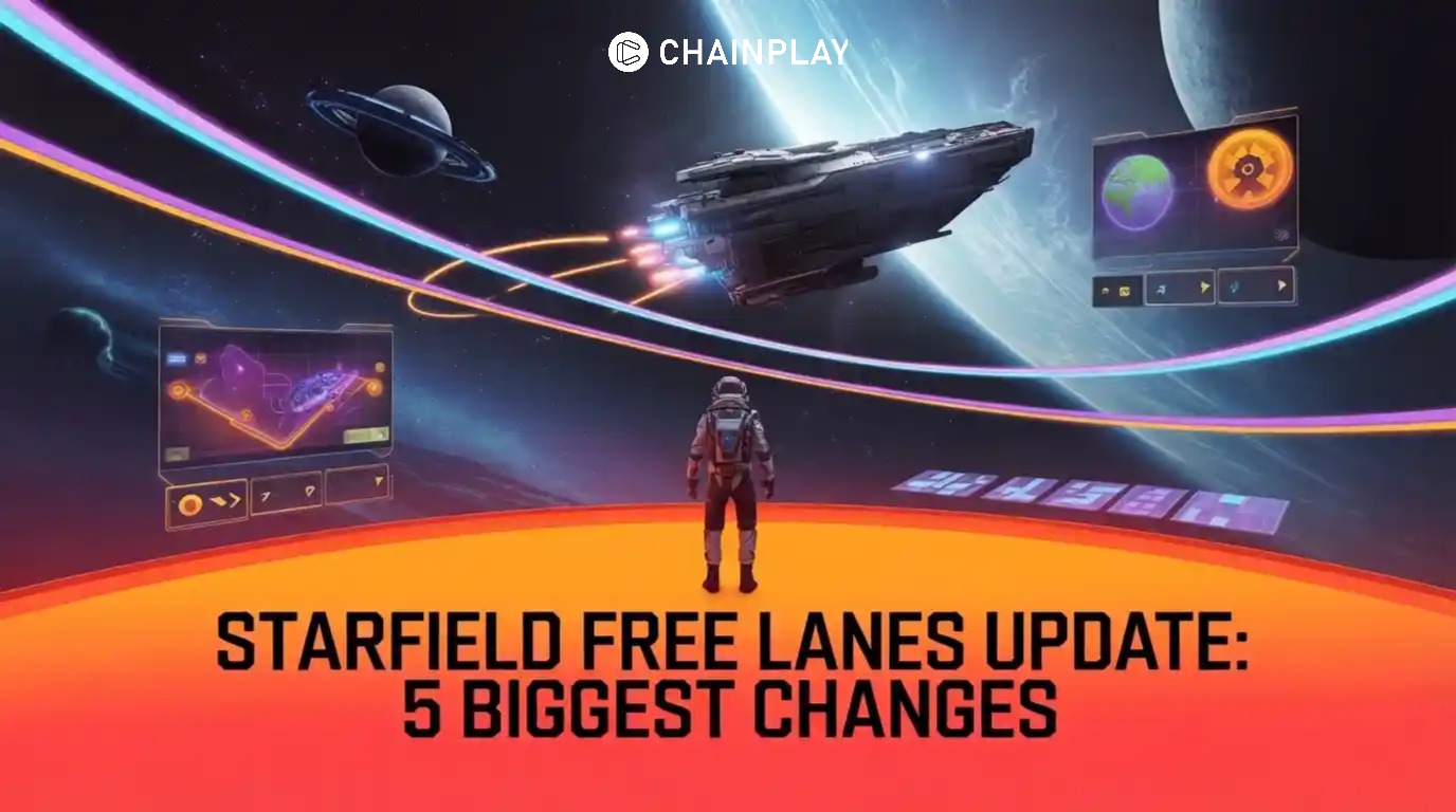 Futuristic Starfield astronaut with holographic UI and space travel lanes in background
