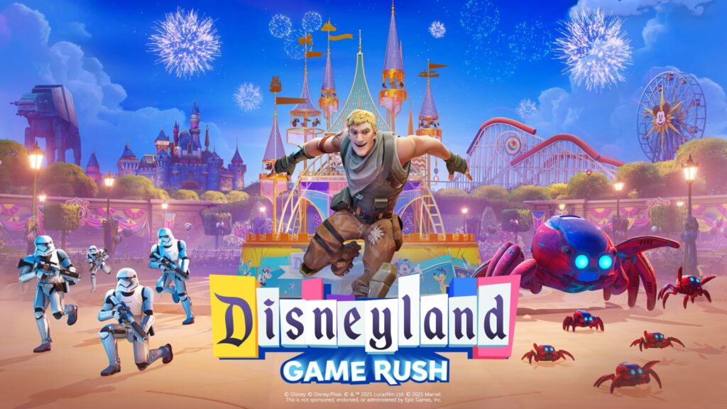 A futuristic Fortnite world merges with a Disney-style fantasy castle through a glowing portal symbolizing their ongoing collaboration