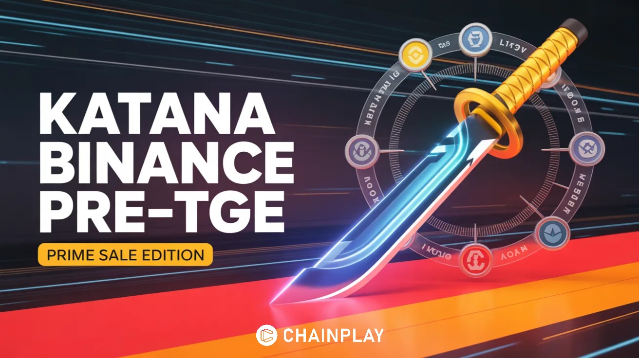 Binance Katana KAT Pre-TGE Prime Sale announcement with digital katana sword and glowing crypto coin