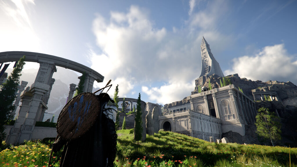 A high-fidelity cinematic screenshot of the protagonist Kliff standing on a cliffside overlooking a vast, snowy mountain range.