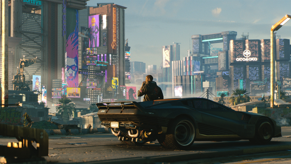 A futuristic sports car parked on the side of a road overlooking a dense metropolis with massive neon billboards and brutalist architecture.