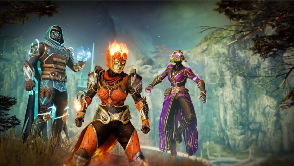 Three Destiny 2 Guardians—a Hunter, Titan, and Warlock—showcasing new armor sets inspired by Magic: The Gathering colors and themes.