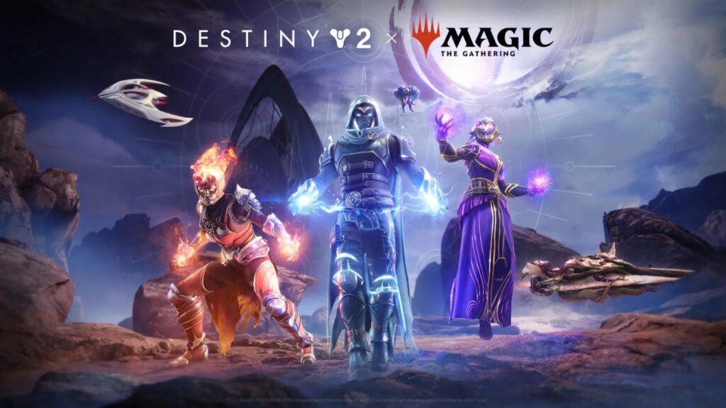 Official promotional banner for the Destiny 2 and Magic: The Gathering collaboration, featuring the logos and three Guardians in a rocky landscape.
