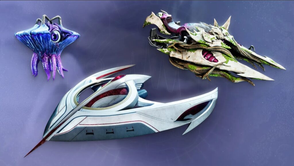 A showcase of three Destiny 2 exotic items: a purple organic Ghost shell, a sleek white and red ship, and a bone-textured Sparrow with moss.
