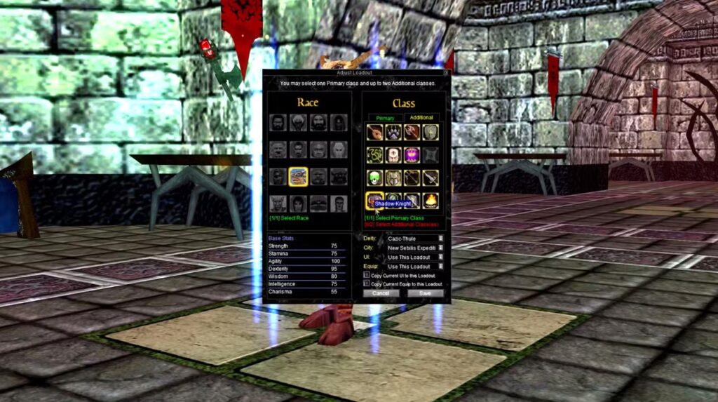 An in-game screenshot showing the new "Adjust Loadout" menu where a player is selecting a Shadow Knight primary class and reviewing base stats.