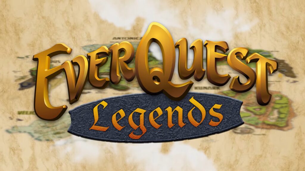 The EverQuest Legends logo featuring classic gold serif lettering for "EverQuest" and "Legends" on a dark textured banner, set against a parchment map background.