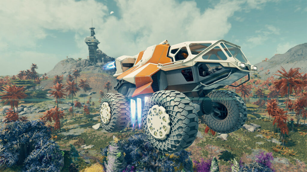 A rugged, orange and white six-wheeled land vehicle jumping over alien flora on a lush planet.