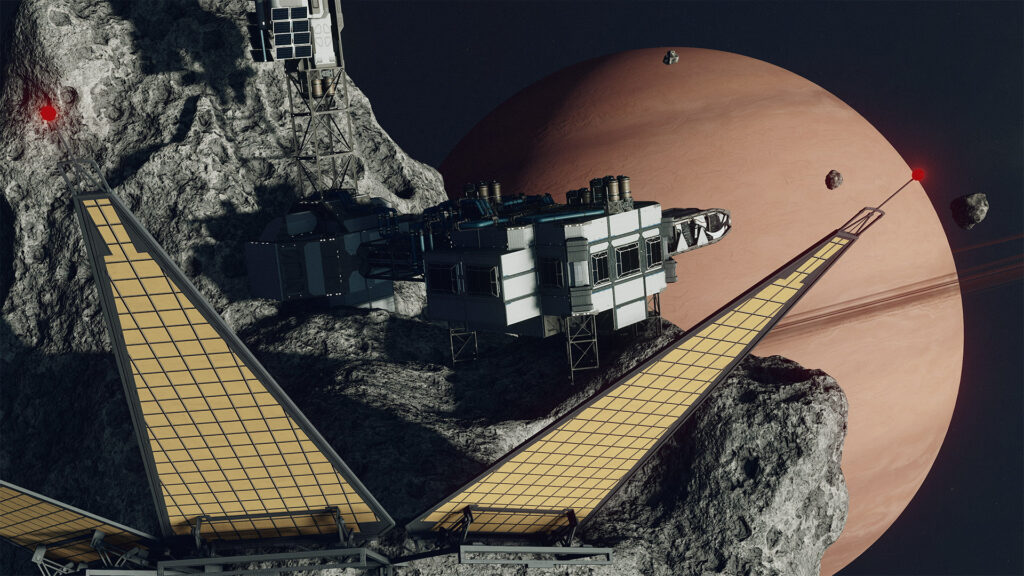 A modular industrial outpost built directly onto the side of a massive grey asteroid overlooking a gas giant.