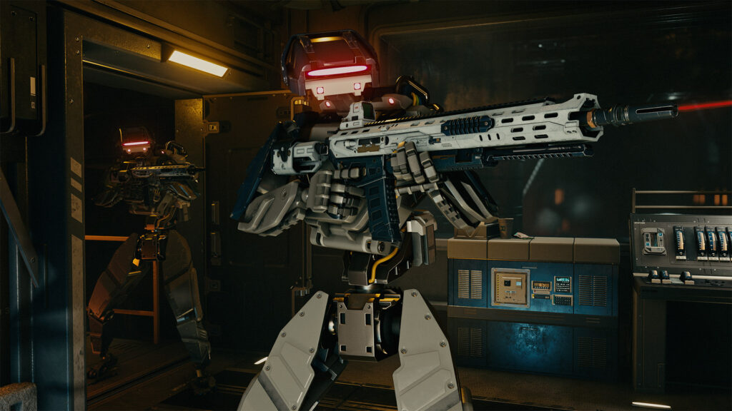 Two sleek, white and grey combat robots holding advanced laser-sighted rifles in a dark corridor.