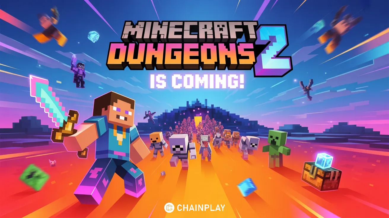 Minecraft Dungeons 2 hero battling mobs outside a glowing dungeon with treasure scattered around