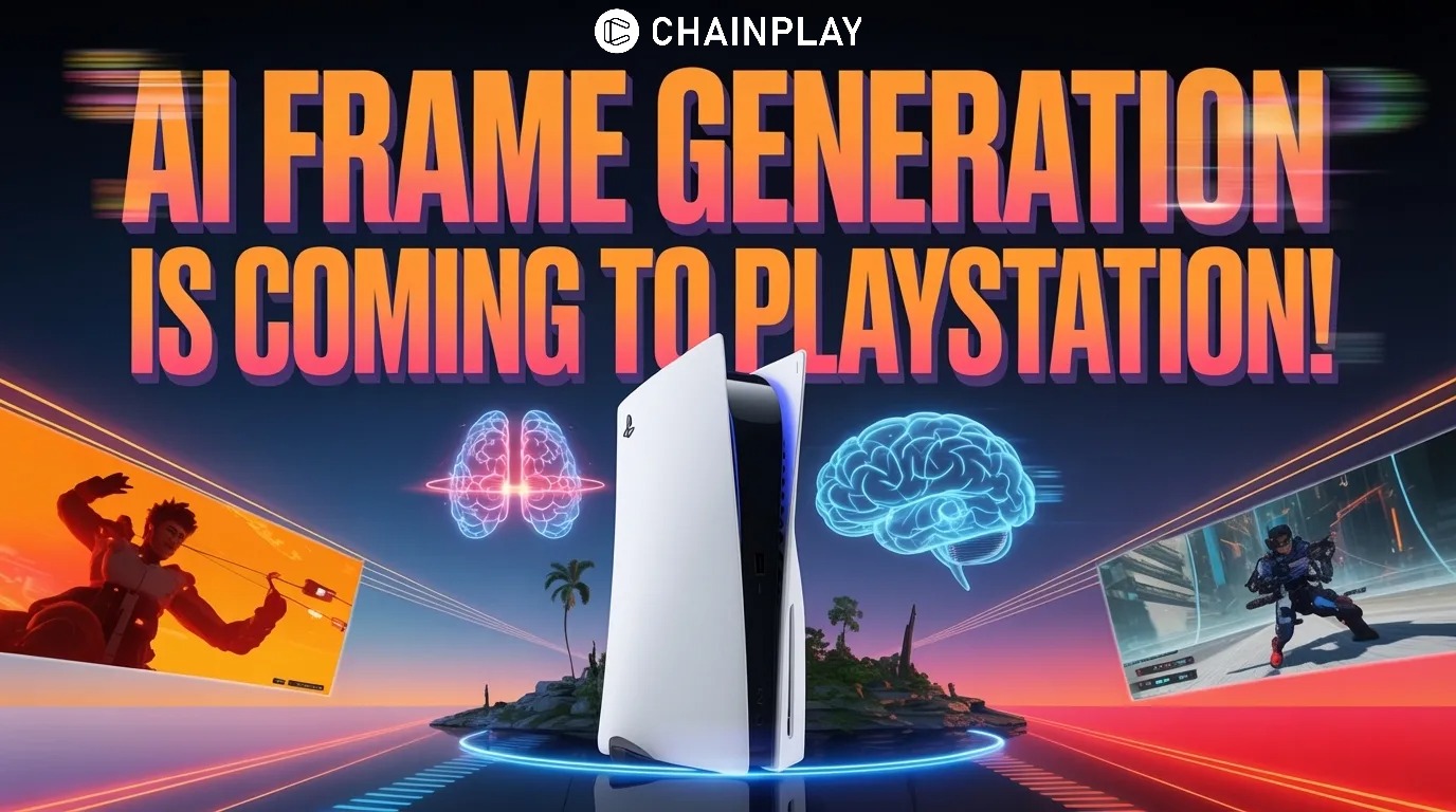 PlayStation console with AI neural network visuals and split screen showing low vs high frame rate gameplay