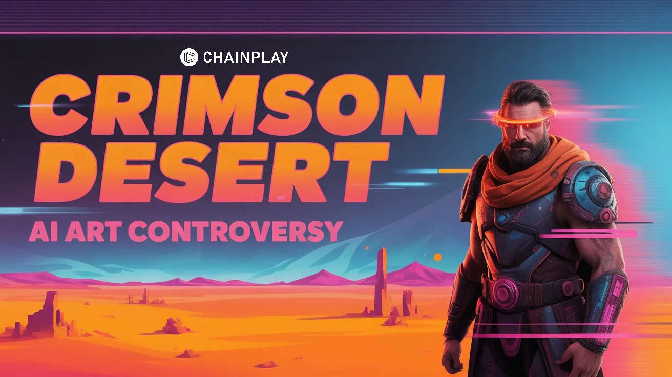 Crimson Desert warrior standing in a desert with distorted AI-generated fantasy artwork glitching in the sky