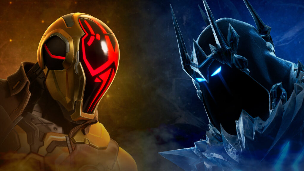 Close-up split view of The Foundation’s gold and red helmet and The Ice King’s glowing blue crown.