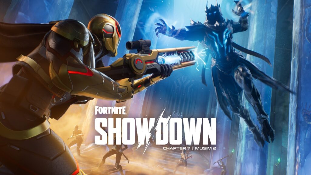 Official key art for Fortnite Chapter 7 Season 2 titled Showdown, featuring The Foundation and The Ice King in a cinematic battle.