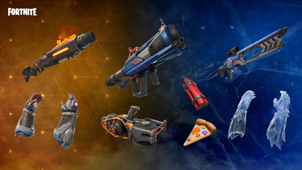 A collection of new Fortnite items including futuristic rifles, elemental gauntlets, TNT, and a slice of pizza.