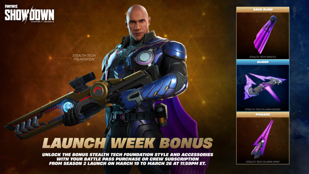 Preview of the Stealth Tech Mantle, Plasma Board, and Plasma Spike rewards for Fortnite Battle Pass holders.