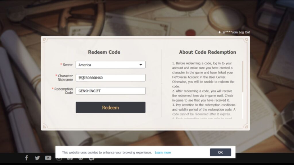 The official Genshin Impact code redemption website with the code GENSHINGIFT entered.