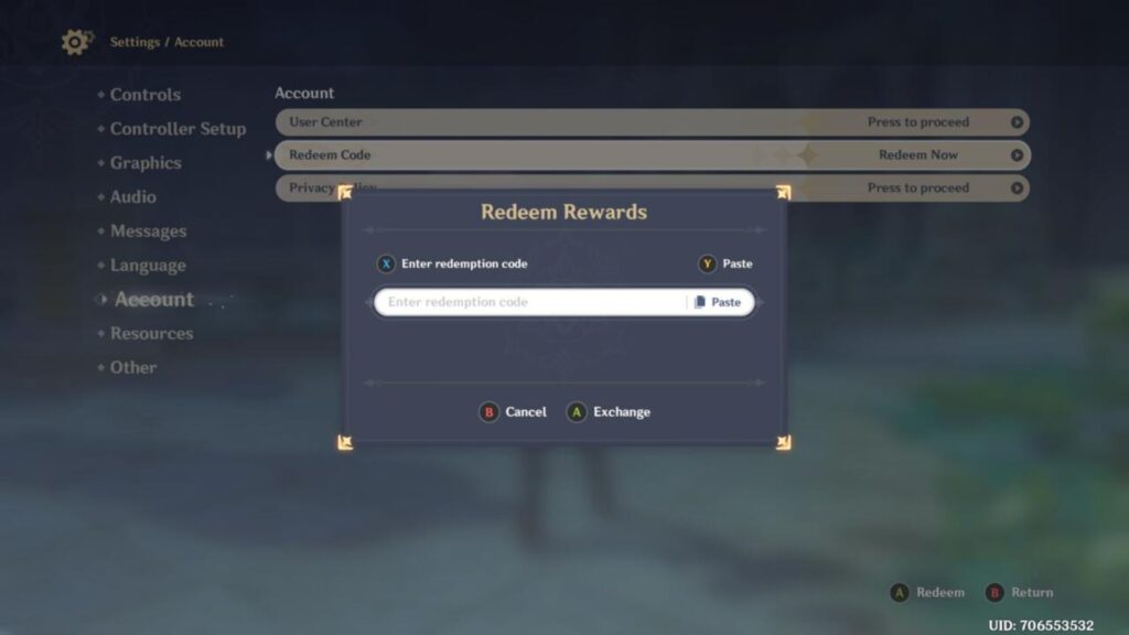 The in-game account settings menu in Genshin Impact showing the "Redeem Code" pop-up window.