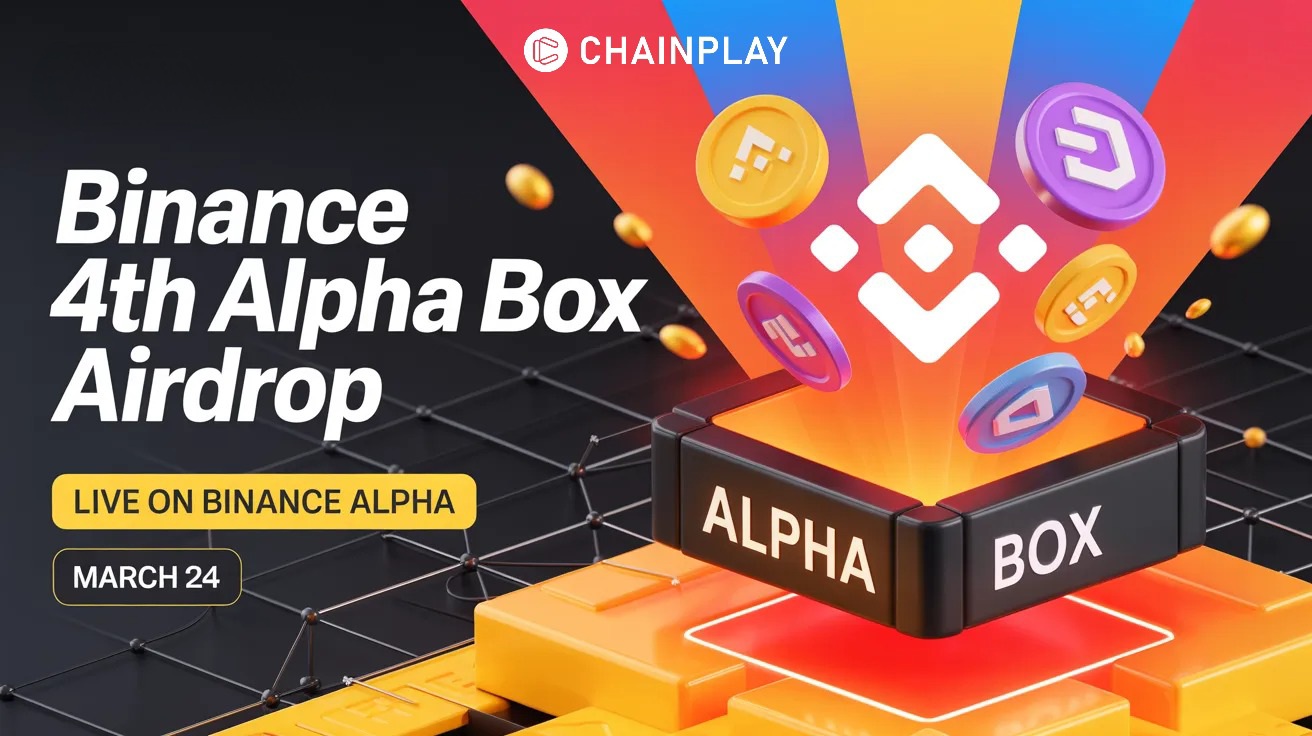 Chainplay.gg banner showing 4th Binance Alpha Box Airdrop announcement banner showing March 24 launch date