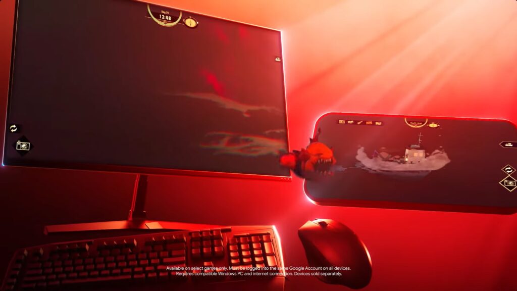 A glowing red-themed workspace featuring a PC monitor and a floating smartphone, both displaying gameplay of DREDGE with an anglerfish monster leaping between screens.