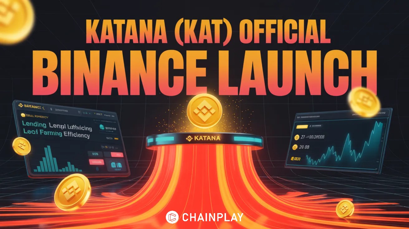 Binance Alpha Katana KAT key hologram with DeFi dashboard and blockchain network background