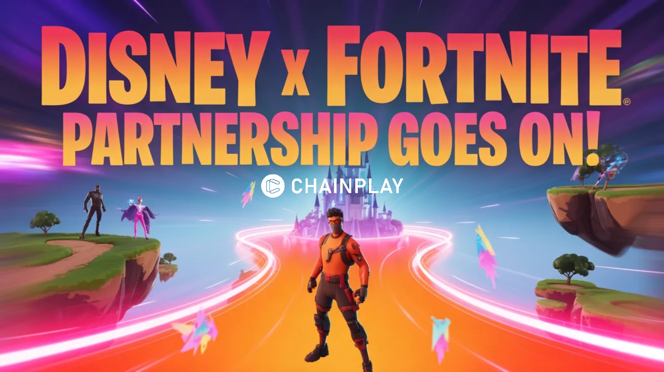 Fortnite-style hero stands in a magical Disney-inspired world with a glowing castle and portal representing the Disney and Fortnite partnership