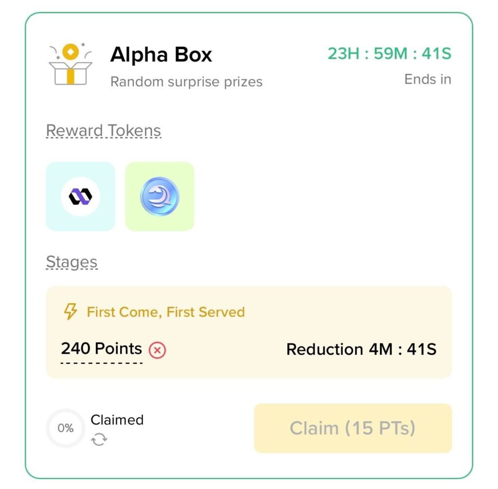 Binance app interface showing Alpha Box rewards section and claim button