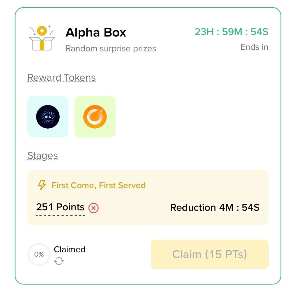 Binance app interface showing Alpha Box rewards section and claim button