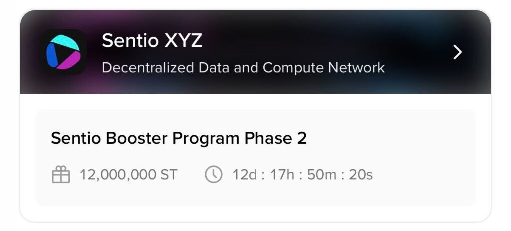 Dashboard view of the Sentio Booster Program Phase 2 on Binance Web3 Wallet showing a 12 million ST token reward pool.