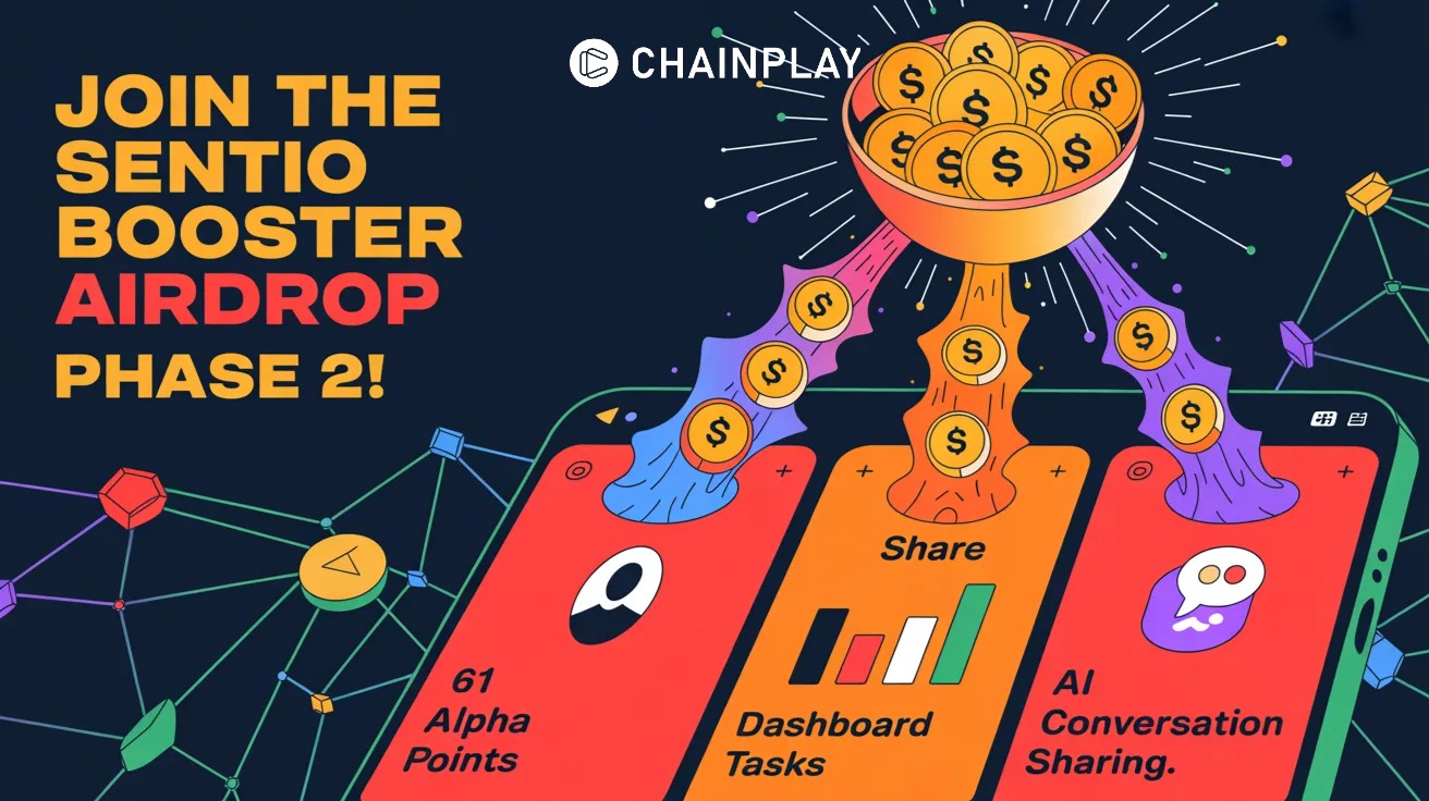 Sentio Booster Phase 2 airdrop illustration showing crypto rewards, ST tokens, and a mobile wallet interface with tasks