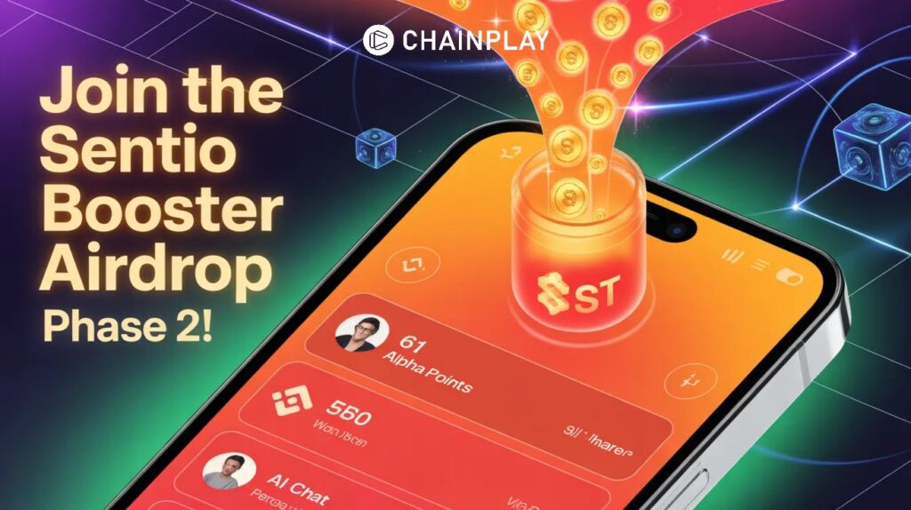 Sentio Booster Phase 2 airdrop illustration showing crypto rewards, ST tokens, and a mobile wallet interface with tasks