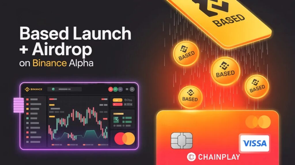 Digital coins labeled BASED falling from a Binance-style portal into a crypto wallet