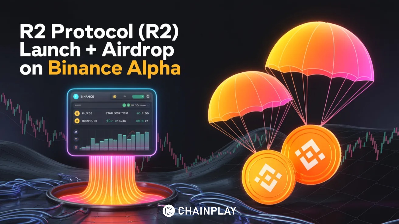 Futuristic DeFi dashboard showing R2 tokens flowing into a wallet during Binance Alpha airdrop