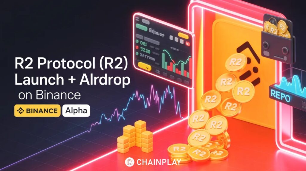 Digital R2 tokens raining from a Binance-style portal into a crypto wallet representing an airdrop