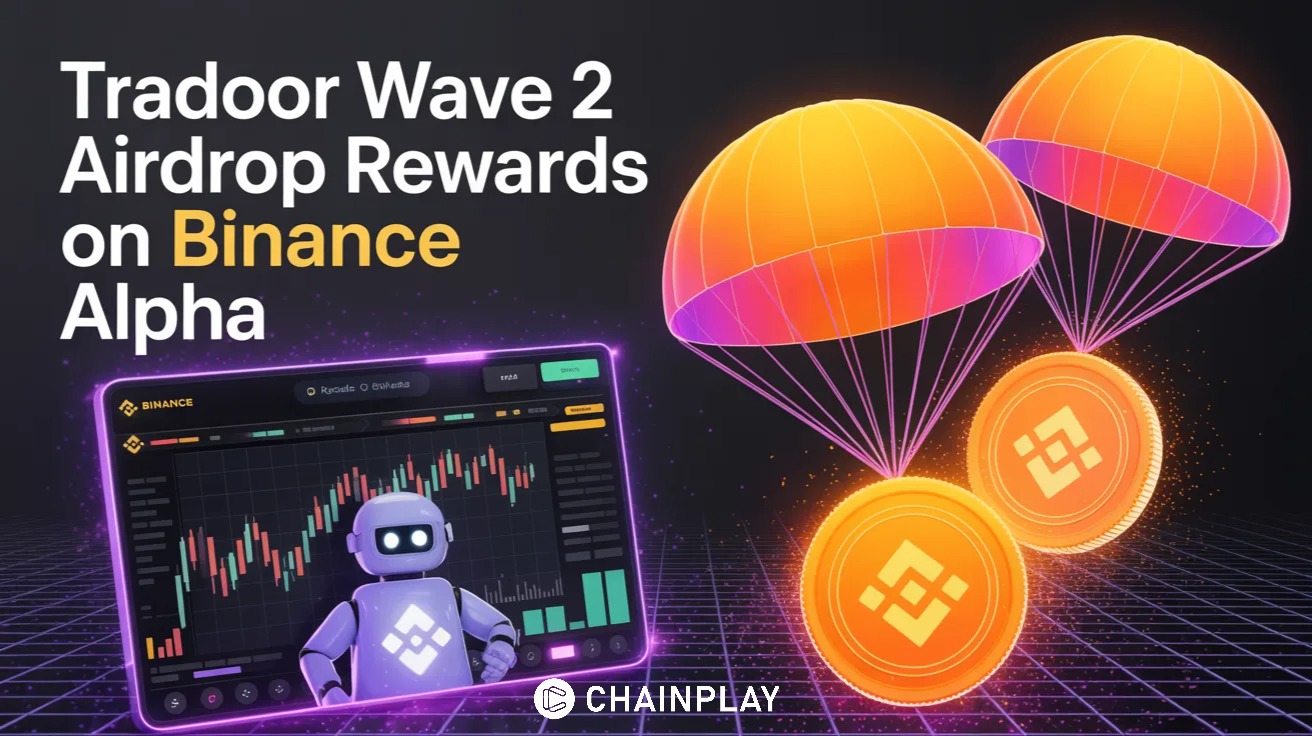 Binance Alpha Tradoor airdrop banner showing TRADOOR tokens, DeFi trading charts, and a glowing reward chest