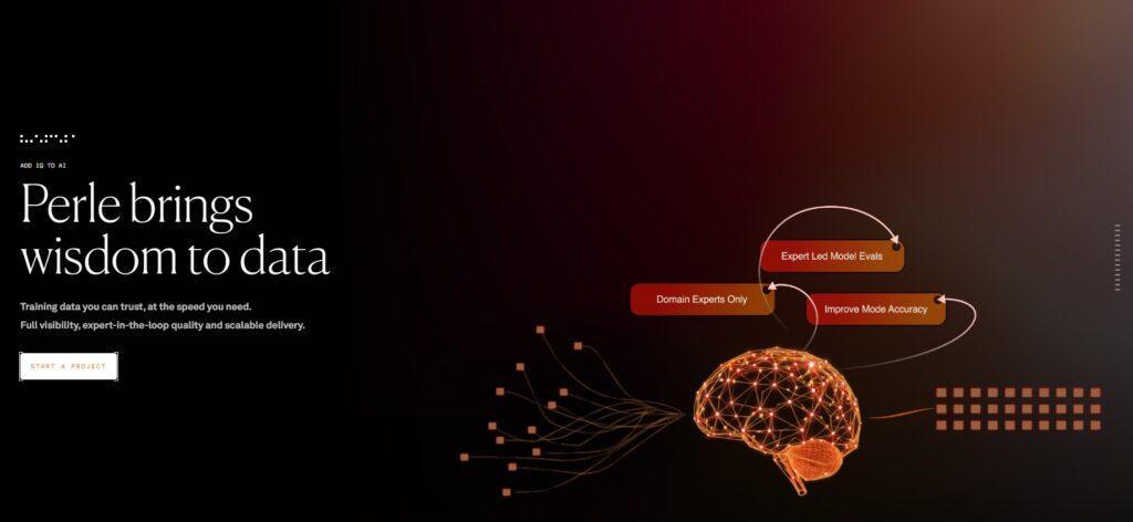 A dark, futuristic landing page for Perle featuring a glowing neural network brain connected to data nodes, with text reading "Perle brings wisdom to data."