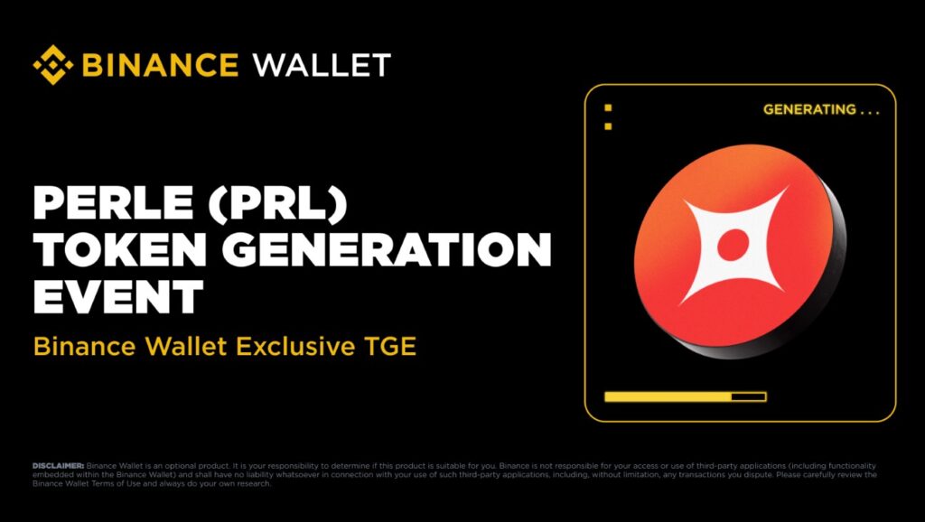 Official Binance Wallet banner for the Perle (PRL) Token Generation Event featuring the PRL logo—a white four-pointed star on a red circular background.