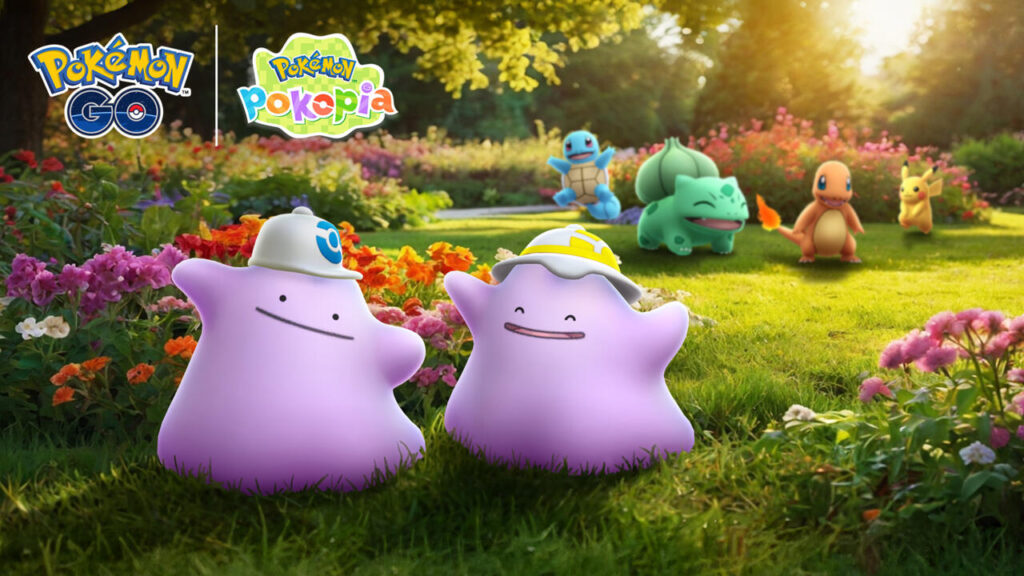 Two purple Ditto wearing white and yellow sun hats standing in a lush garden with Kanto starter Pokémon playing in the background.